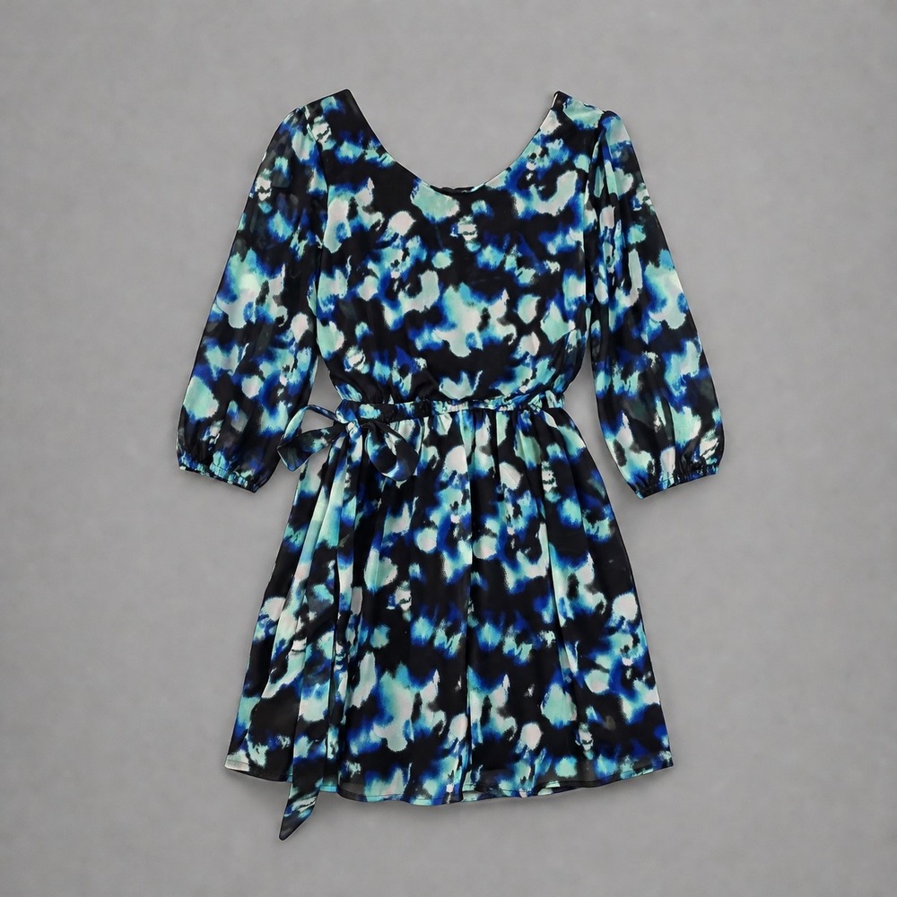 Three pink hearts women's Tie-Waist Tunic Dress Medium Black Light Blue Print